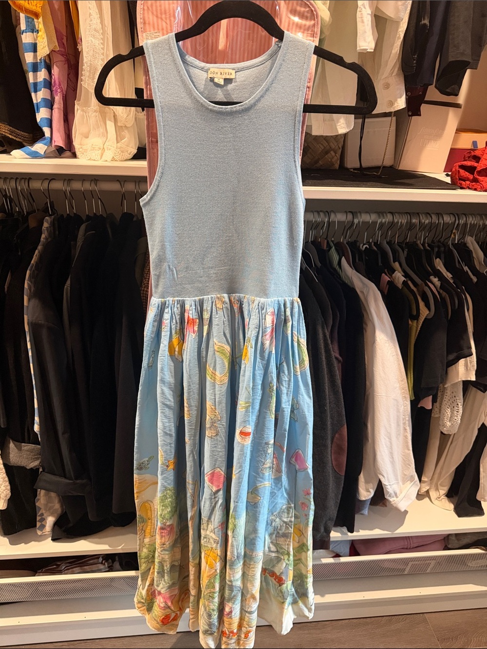 Moon River Light Blue Sleeveless Midi Dress with Seaside Print Skirt - Picture 4 of 5